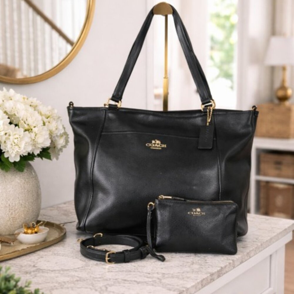 Coach Black Leather Tote with Matching Pouch and Strap